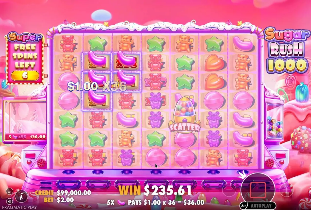Sugar Rush 1000: five jelly beans win over multiplier cells, the game shows 5x jelly bean pays $1.00 x 36 = $36.00