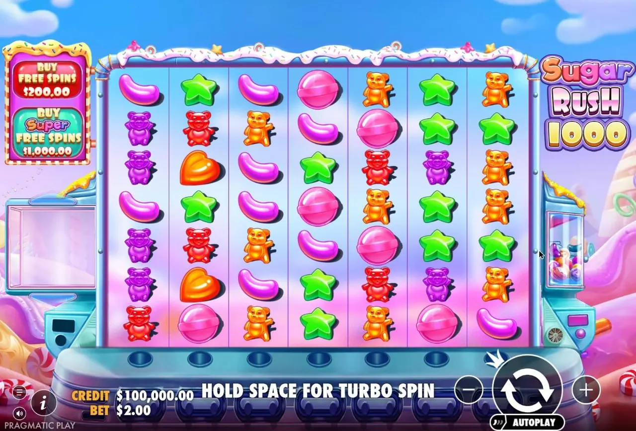 Sugar Rush 1000 base game: a 7×7 grid of lollipops, hearts, jelly beans, stars and gummy bears