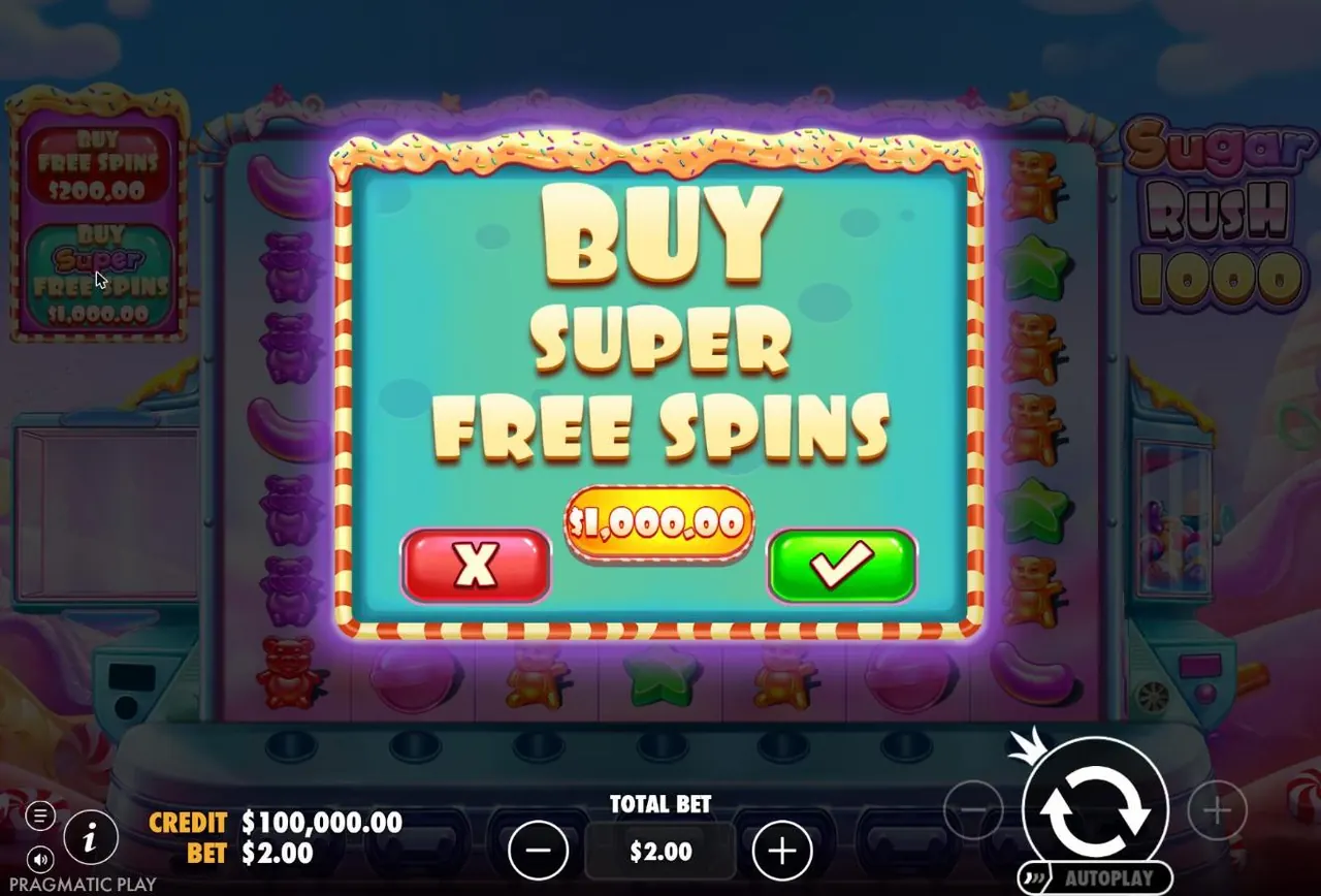 Buy Super Free Spins dialog in Sugar Rush 1000 showing $1,000.00 at a $2 bet