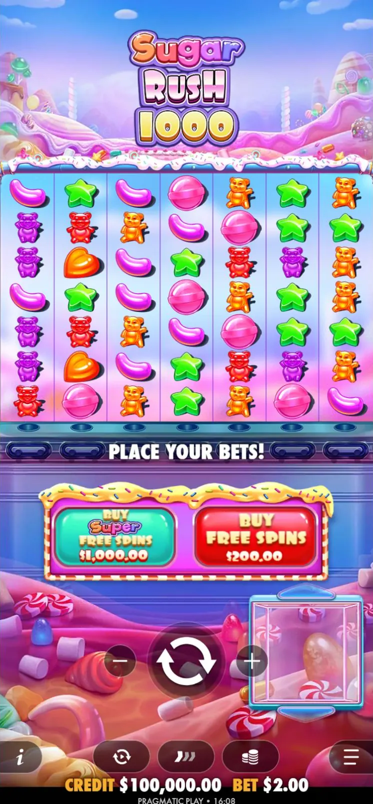 Sugar Rush 1000 base game in portrait with Buy Super Free Spins and Buy Free Spins buttons