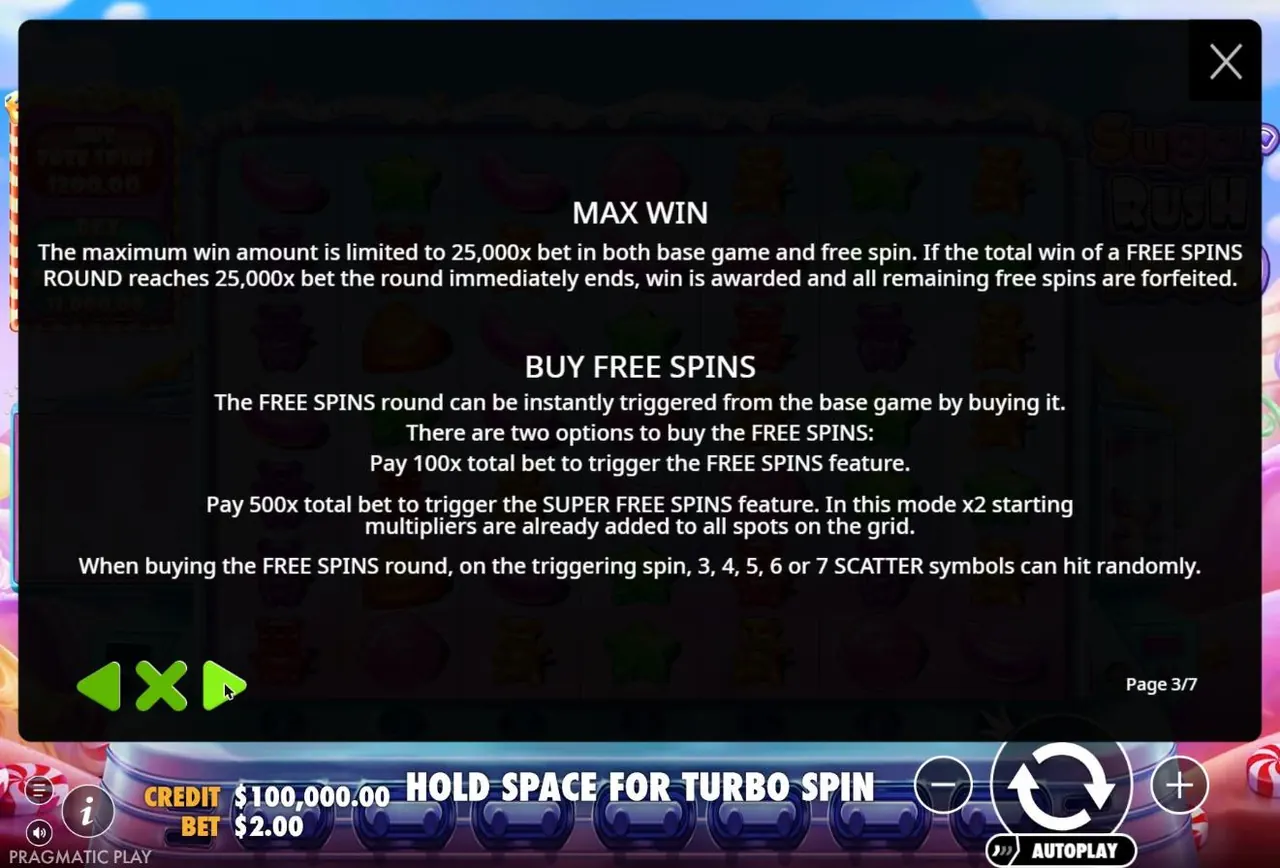 Sugar Rush 1000 rules: max win 25,000x and the two bonus-buy options at 100x and 500x