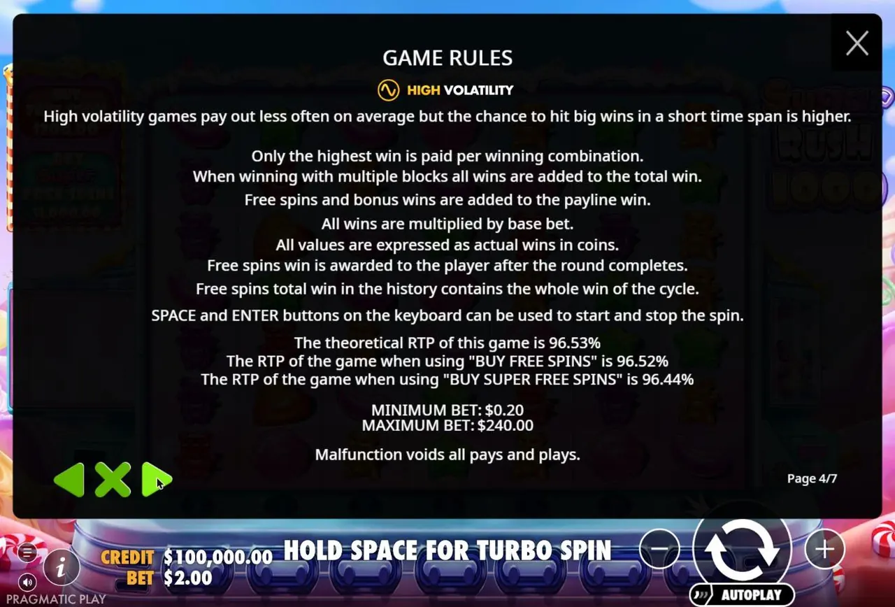 Sugar Rush 1000 rules screen showing theoretical RTP 96.53%, Buy Free Spins 96.52%, Buy Super Free Spins 96.44%