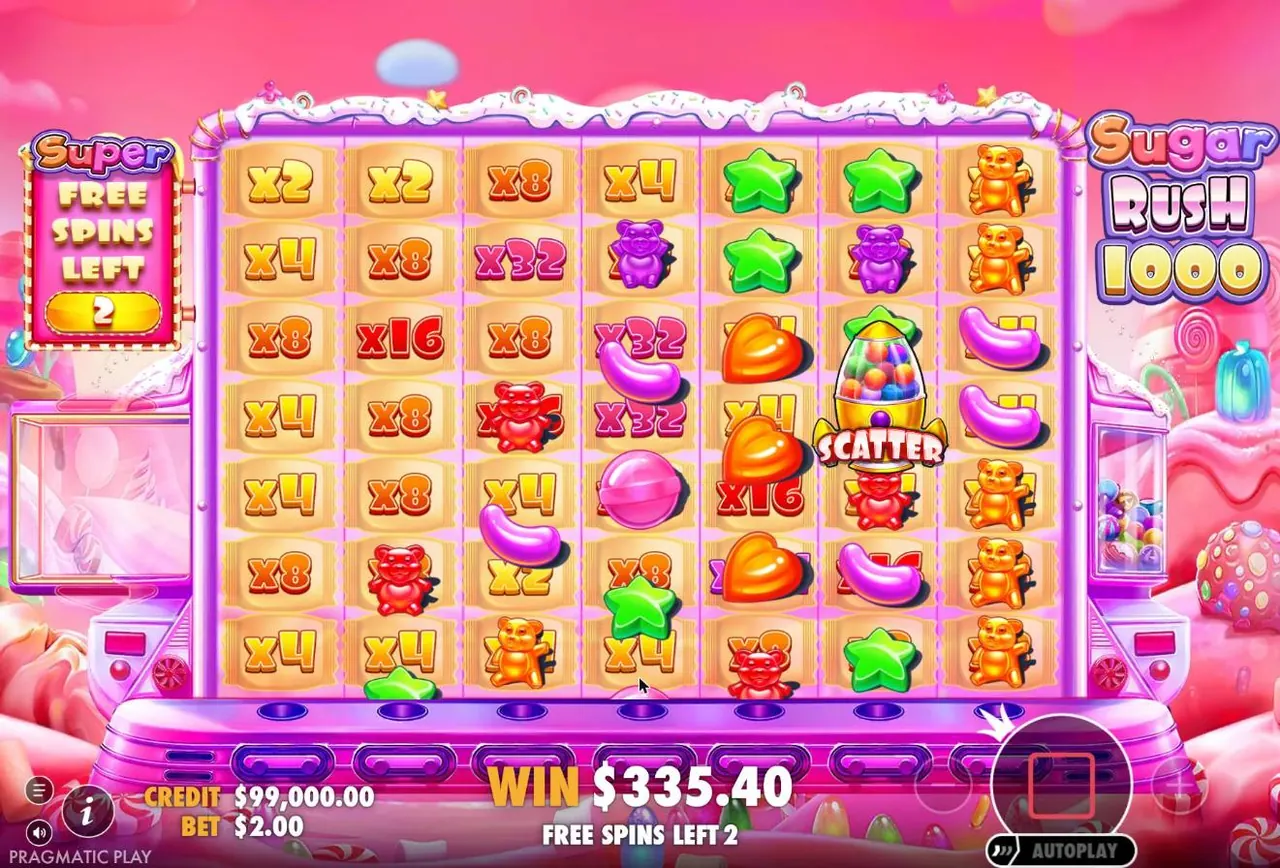 Sugar Rush 1000 free spins grid covered in multipliers from x2 to x32