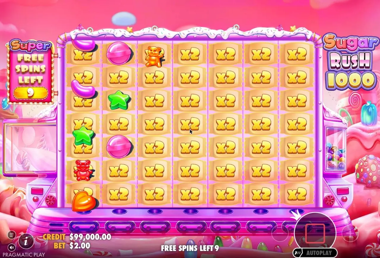 Sugar Rush 1000 Super Free Spins: every cell of the grid shows x2 before the first free spin