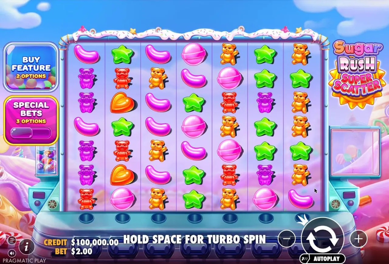 Sugar Rush Super Scatter base game with a Buy Feature panel (2 options) and a Special Bets panel (3 options) on the left