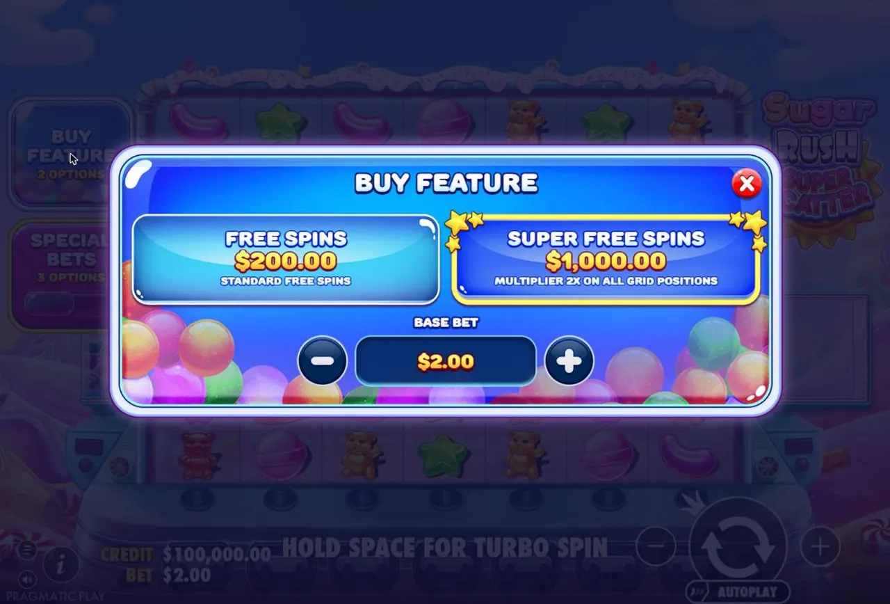 Buy Feature menu: Free Spins $200.00 standard free spins, Super Free Spins $1,000.00 multiplier 2x on all grid positions