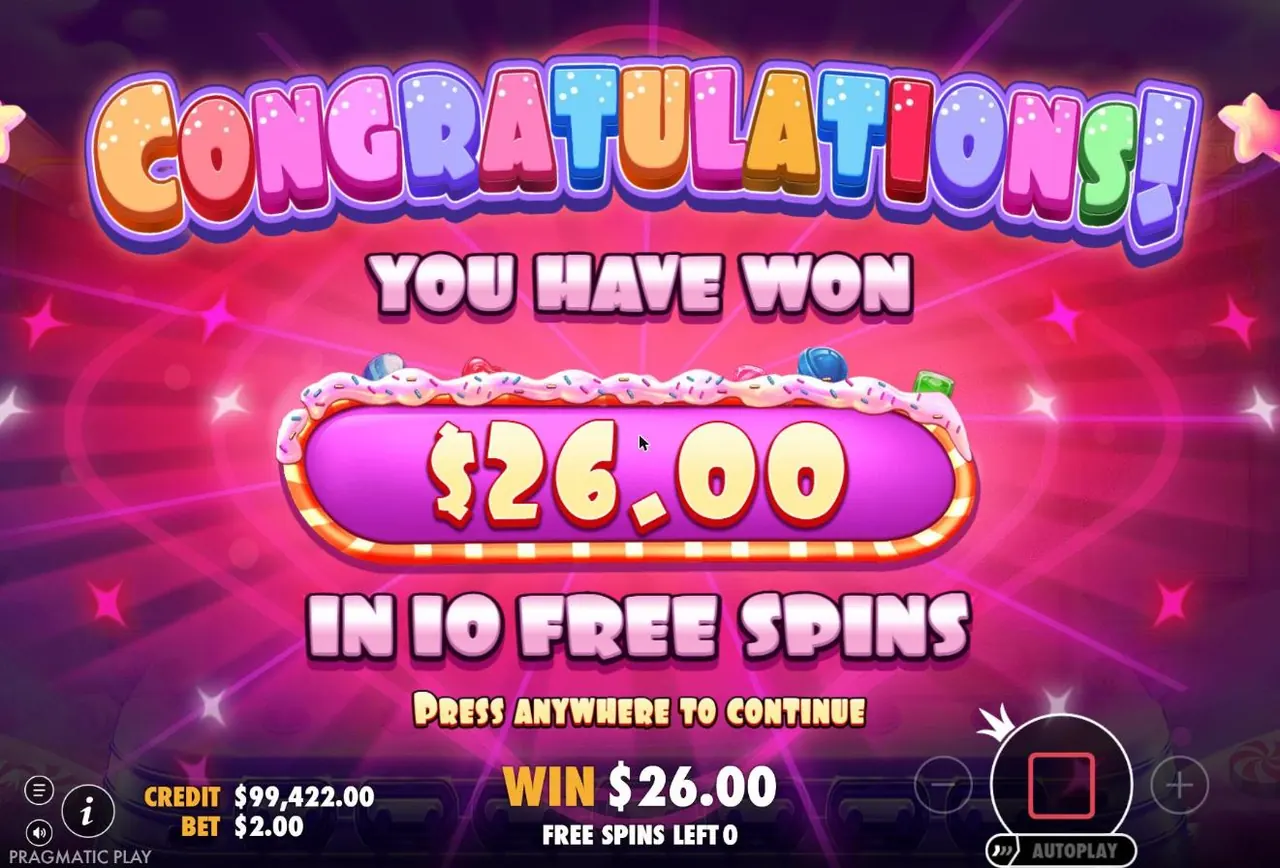 End screen: you have won $26.00 in 10 free spins