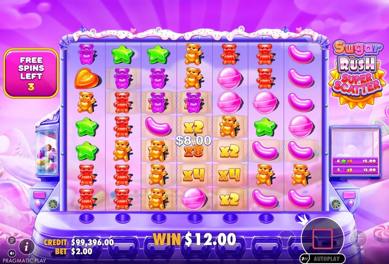 Sugar Rush Super Scatter free spins with x2 and x8 multiplier cells, 3 free spins left