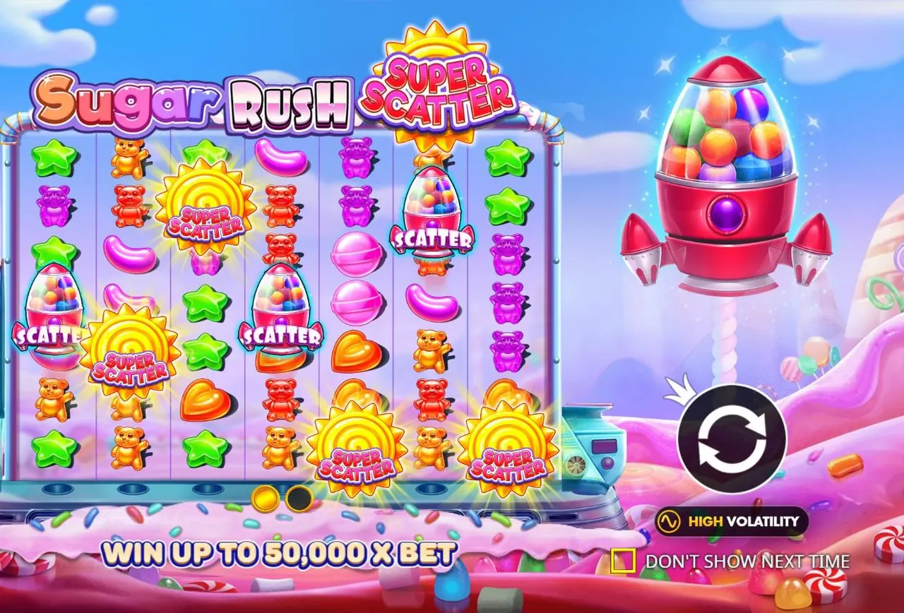 Sugar Rush Super Scatter intro screen with four Super Scatter suns and three scatter rockets on the grid