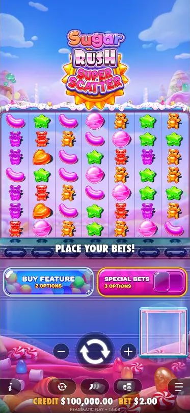 Super Scatter base game in portrait with Buy Feature and Special Bets buttons under the grid