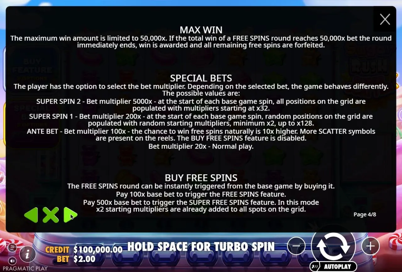 Super Scatter rules: max win 50,000x, special bets Super Spin 2 5000x, Super Spin 1 200x, Ante Bet 100x, buy options 100x and 500x