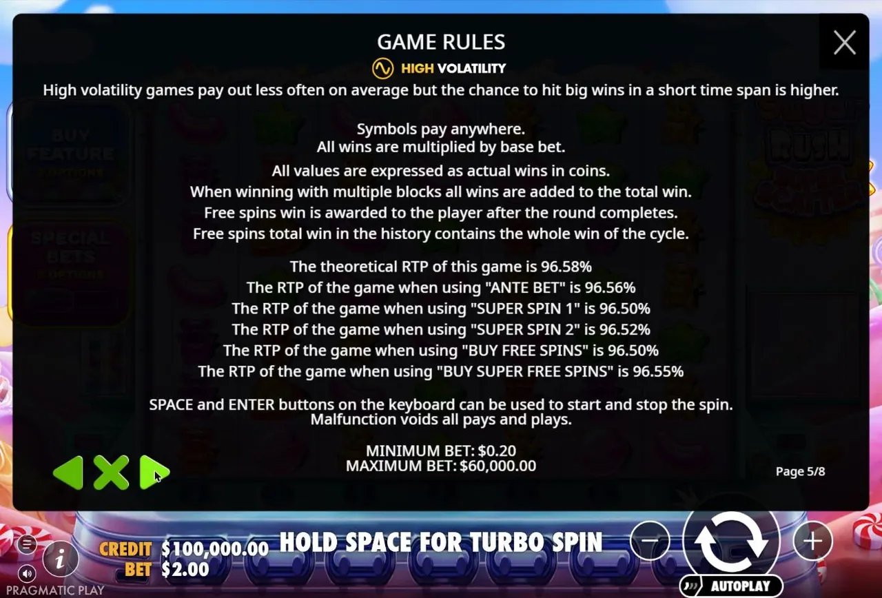 Super Scatter rules: RTP 96.58%, Ante 96.56%, Super Spin 1 96.50%, Super Spin 2 96.52%, Buy Free Spins 96.50%, Buy Super Free Spins 96.55%