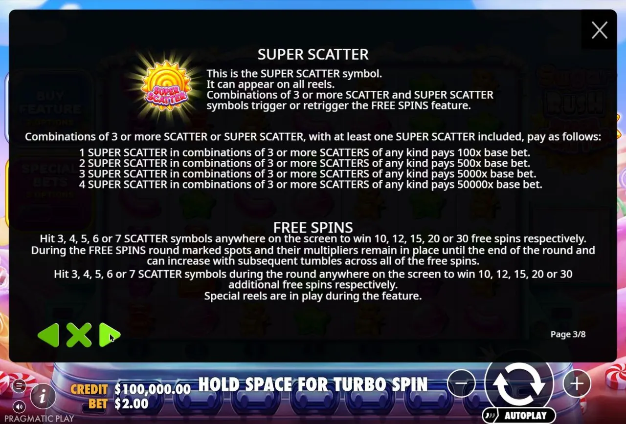 Sugar Rush Super Scatter rules: 1, 2, 3 or 4 Super Scatters in combinations of 3 or more scatters pay 100x, 500x, 5000x or 50000x base bet