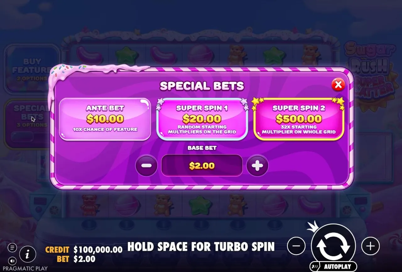 Special Bets menu in Sugar Rush Super Scatter at a $2 base bet: Ante Bet $10, Super Spin 1 $20, Super Spin 2 $500