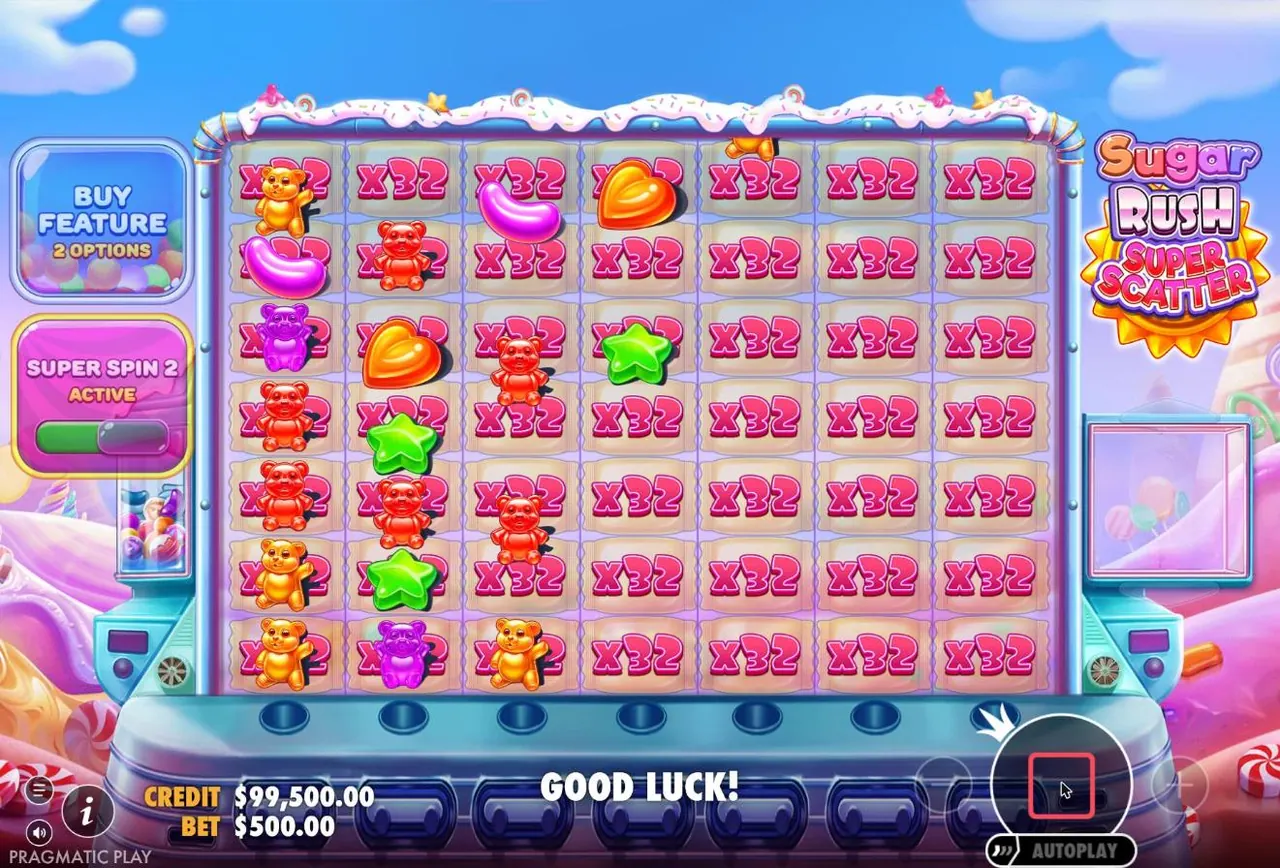 Super Spin 2 in Sugar Rush Super Scatter: every cell of the grid shows x32 as the candies fall in