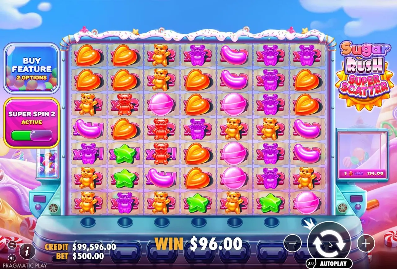 Super Spin 2 result: five red bears win on x32 cells, $96.00 paid on a $500 spin
