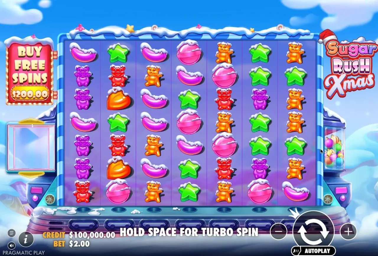 Sugar Rush Xmas base game: snow-capped candies on a 7×7 grid with a Buy Free Spins sign covered in snow
