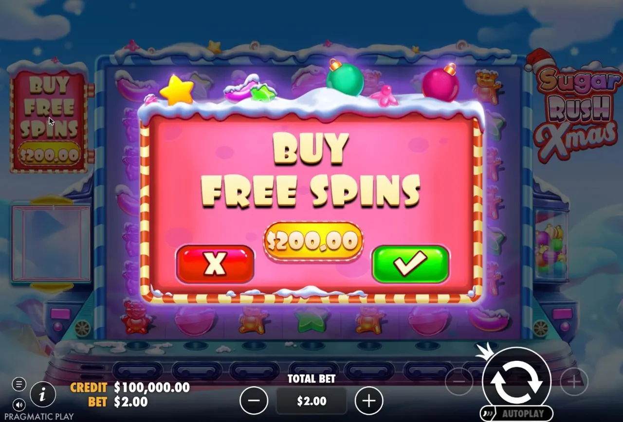 Sugar Rush Xmas buy dialog with candy-cane frame and snow: Buy Free Spins $200.00