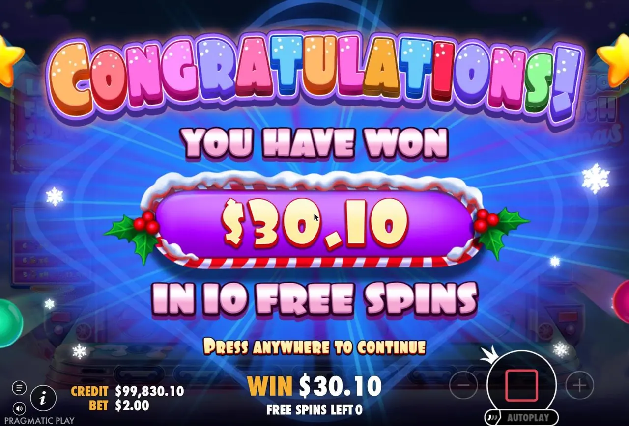 Sugar Rush Xmas end screen with holly: you have won $30.10 in 10 free spins