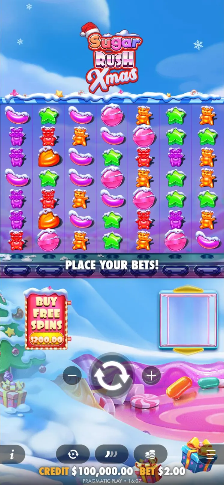 Sugar Rush Xmas base game in portrait with a snowy candyland below the grid