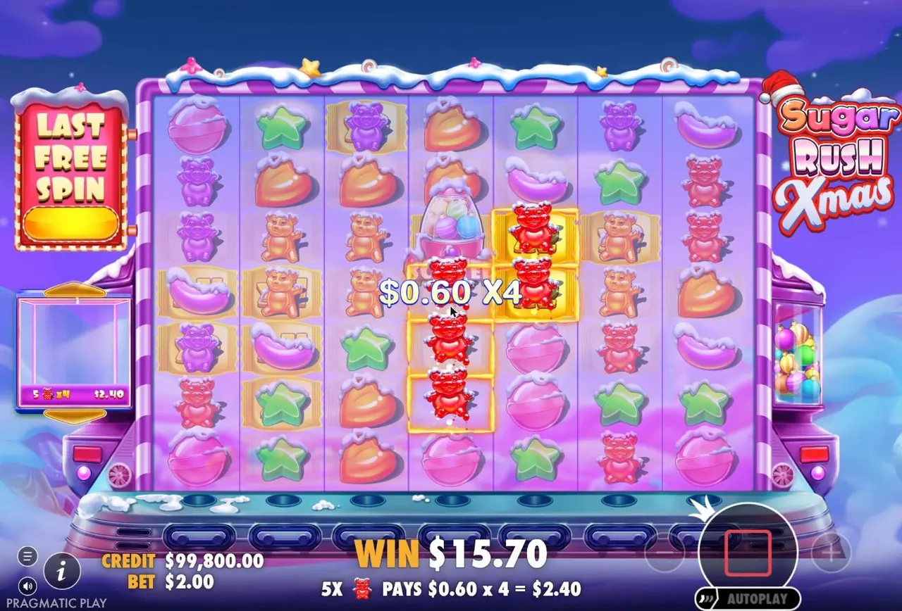 Sugar Rush Xmas free spins: five red bears win on multiplier cells, the game shows 5x red bear pays $0.60 x 4 = $2.40