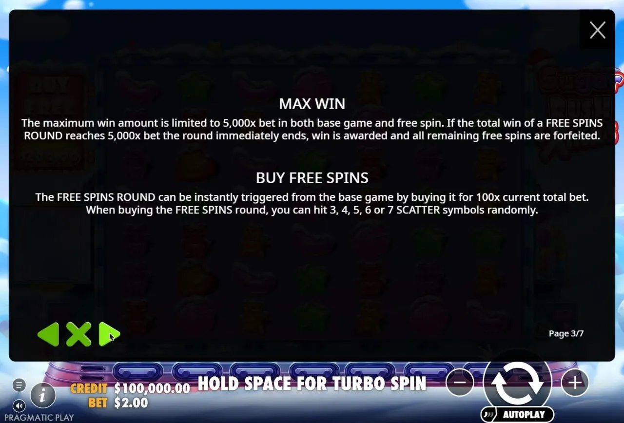Sugar Rush Xmas rules: maximum win 5,000x bet and Buy Free Spins for 100x with 3 to 7 scatters