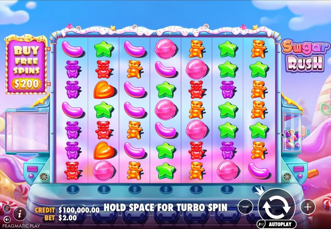 Sugar Rush base game at a $2 bet: a 7×7 grid of candies, Buy Free Spins for $200 on the left