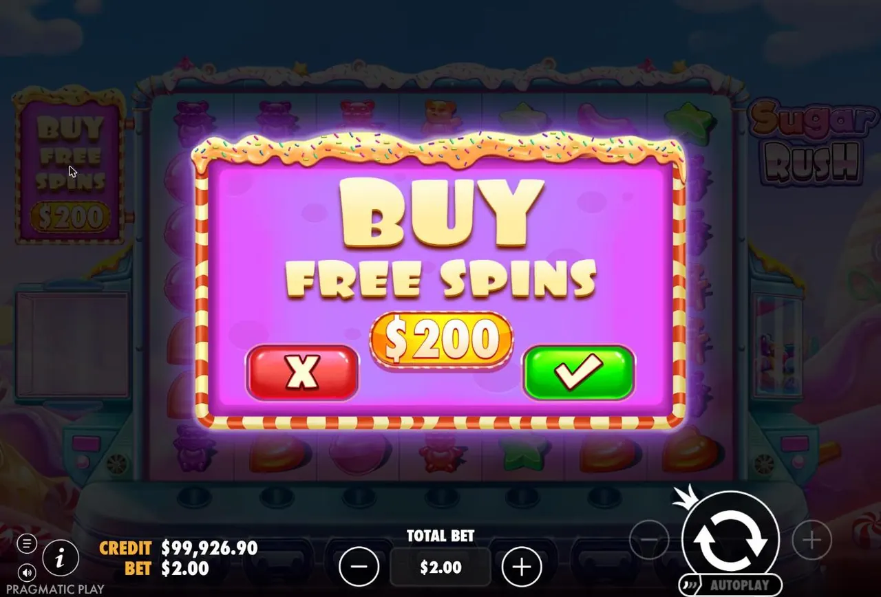 Sugar Rush Buy Free Spins dialog showing $200 at a $2 bet