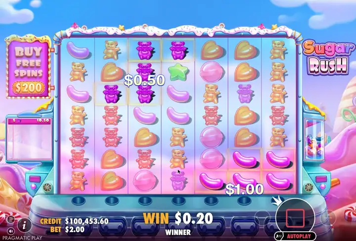 A Sugar Rush tumble in the official demo: a cluster of stars wins, explodes and new candies fall into its place