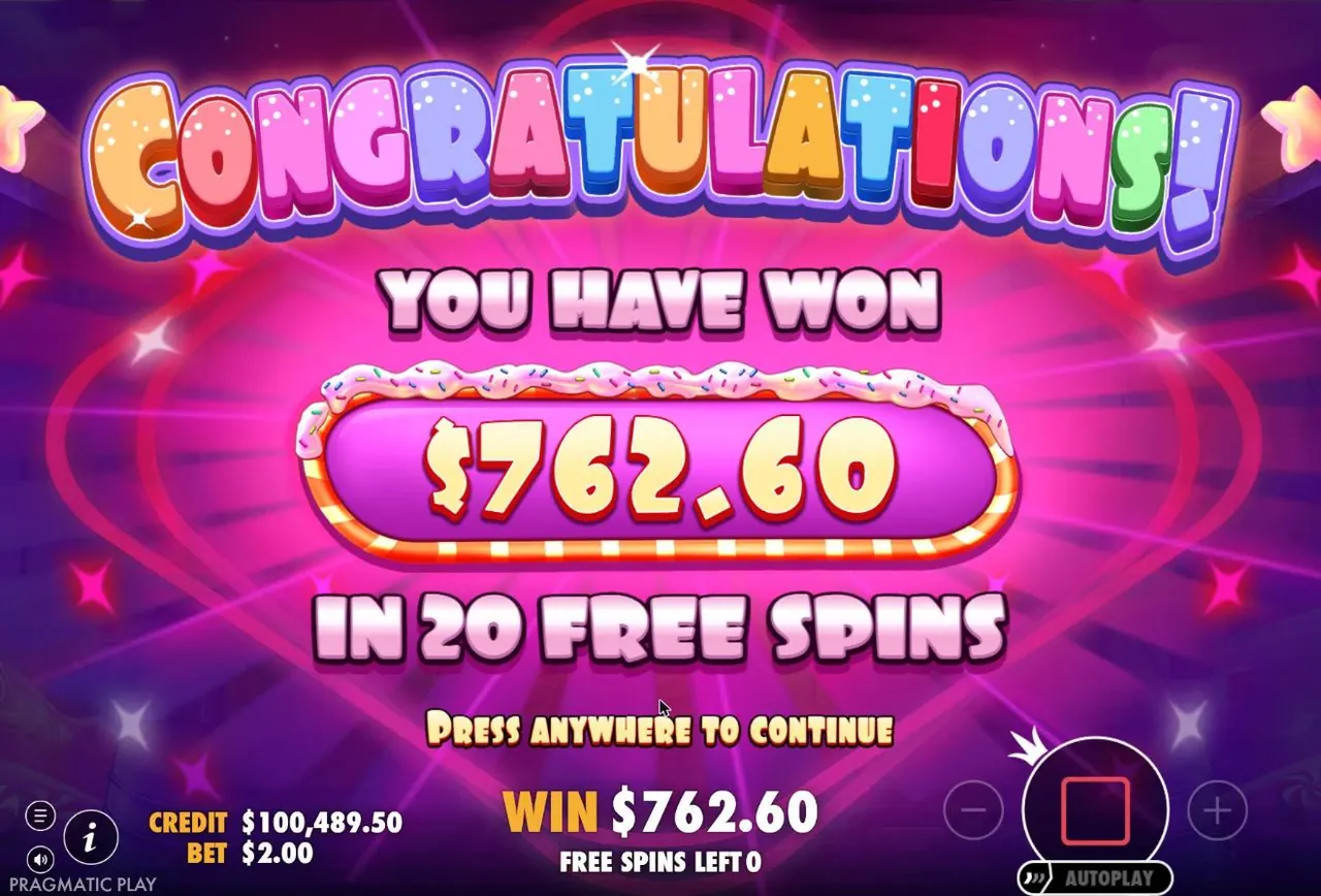 Sugar Rush end screen: you have won $762.60 in 20 free spins