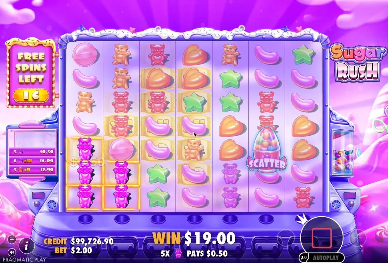 Sugar Rush free spins with several yellow wrapper cells showing x2 and x4 multipliers