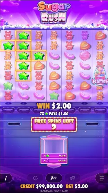 Sugar Rush free spins on a phone: a cluster of stars wins with 9 free spins left
