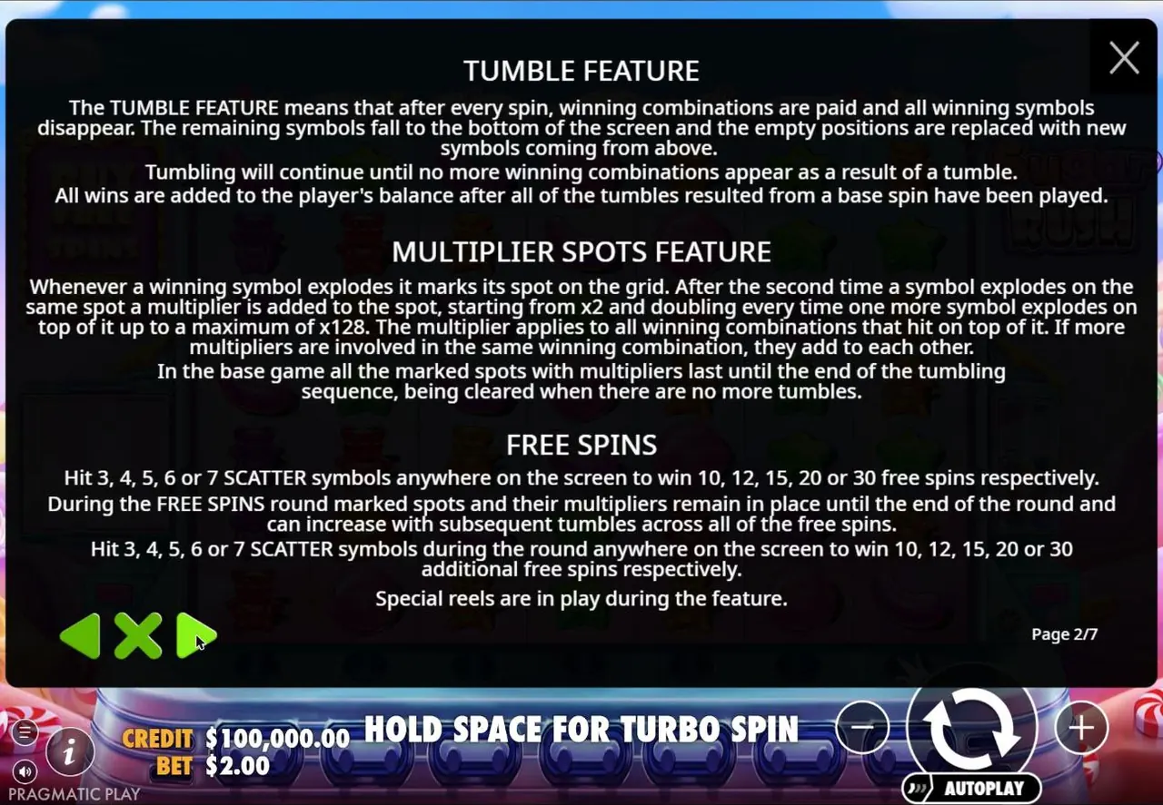 Sugar Rush rules page explaining the tumble feature, multiplier spots up to x128 and free spins